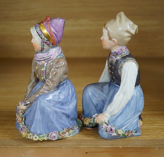 Two Royal Copenhagen figures of girls wearing national costume, Amager boy, model 12414 and Fano girl, model 12413, bases drilled, 14cm. Condition - fair to good